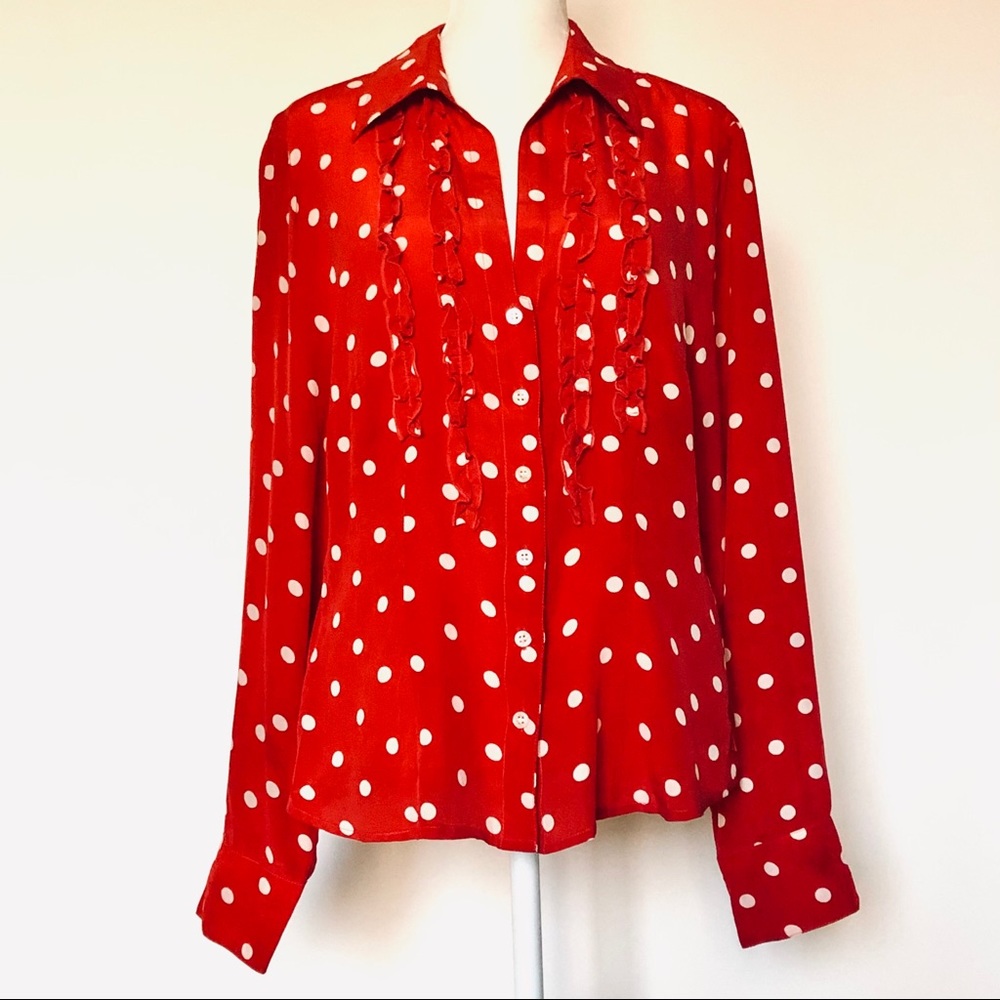 Oilili Blouse Red White Polka Dots Ruffles Vintage